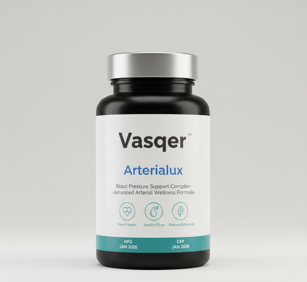 Realistic photo of Arterialux dietary supplement bottle - elegant white bottle with red label featuring cravlix branding, professional product photography on white background